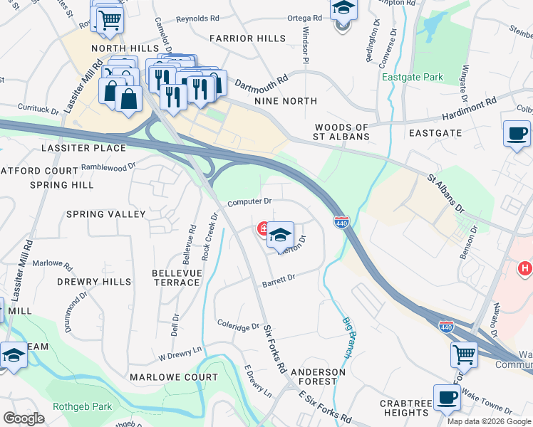 map of restaurants, bars, coffee shops, grocery stores, and more near 3738 Computer Drive in Raleigh