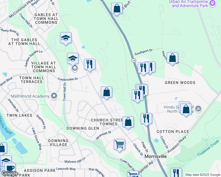 map of restaurants, bars, coffee shops, grocery stores, and more near 1404 Hopedale Drive in Morrisville
