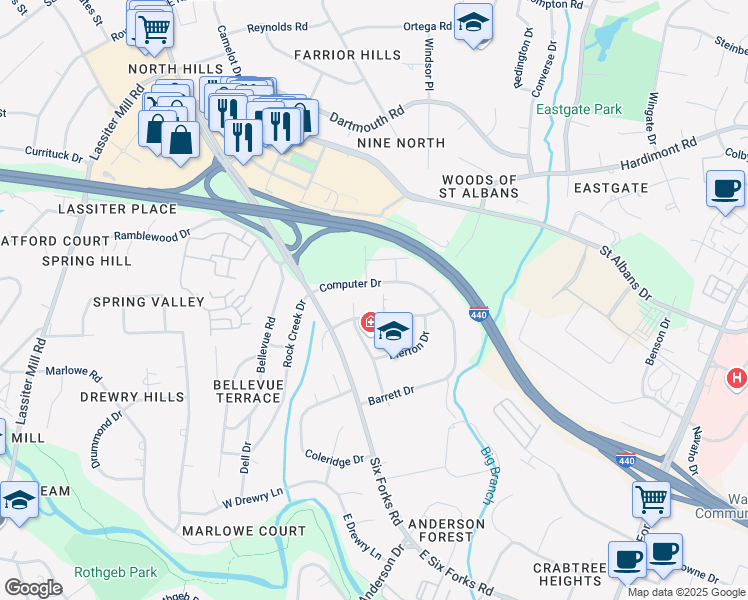 map of restaurants, bars, coffee shops, grocery stores, and more near 3738 Computer Drive in Raleigh