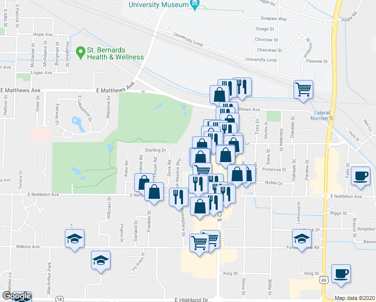 map of restaurants, bars, coffee shops, grocery stores, and more near 2815 Oak Meadow Boulevard in Jonesboro