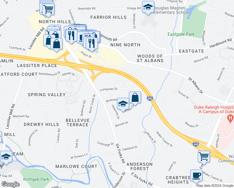 map of restaurants, bars, coffee shops, grocery stores, and more near 3721 Browning Place in Raleigh