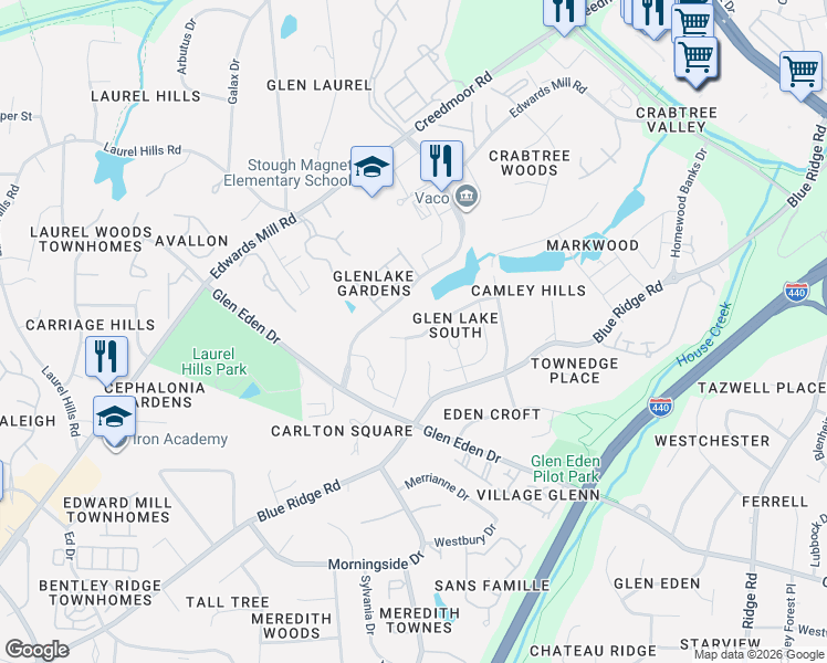 map of restaurants, bars, coffee shops, grocery stores, and more near 4121 Gardenlake Drive in Raleigh
