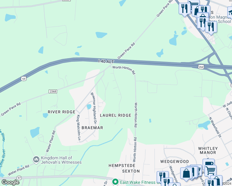 map of restaurants, bars, coffee shops, grocery stores, and more near 1016 Laurel Leaf Road in Zebulon