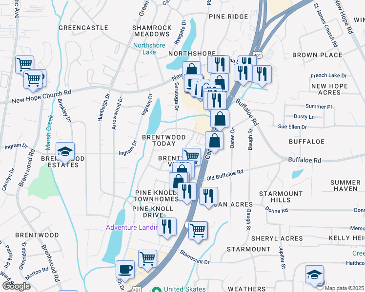 map of restaurants, bars, coffee shops, grocery stores, and more near 3713 Pine Knoll Drive in Raleigh