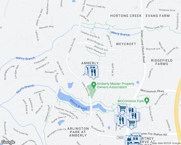 map of restaurants, bars, coffee shops, grocery stores, and more near 604 Balsam Fir Drive in Cary