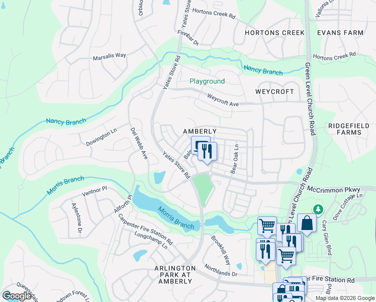 map of restaurants, bars, coffee shops, grocery stores, and more near 4114 Overcup Oak Lane in Cary