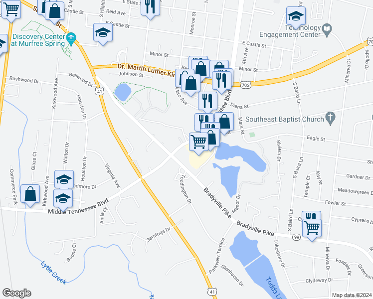 map of restaurants, bars, coffee shops, grocery stores, and more near 1530 Middle Tennessee Boulevard in Murfreesboro