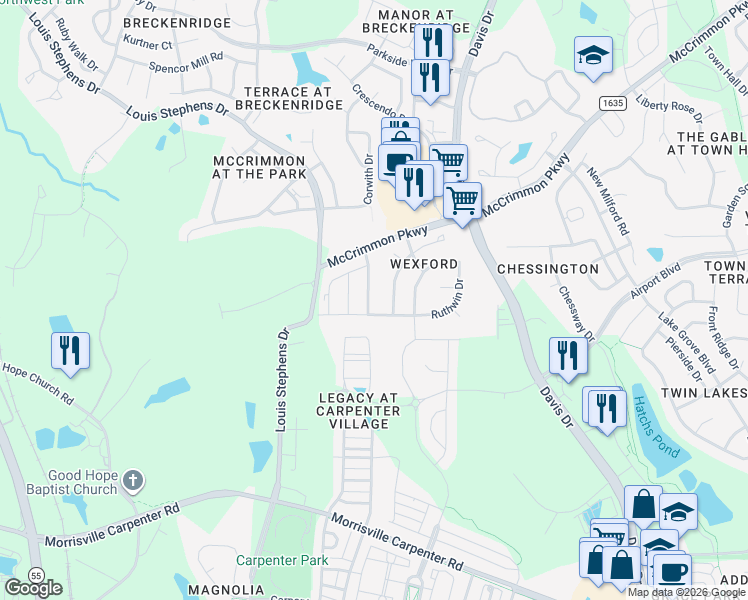 map of restaurants, bars, coffee shops, grocery stores, and more near 437 Manchester Park Lane in Morrisville