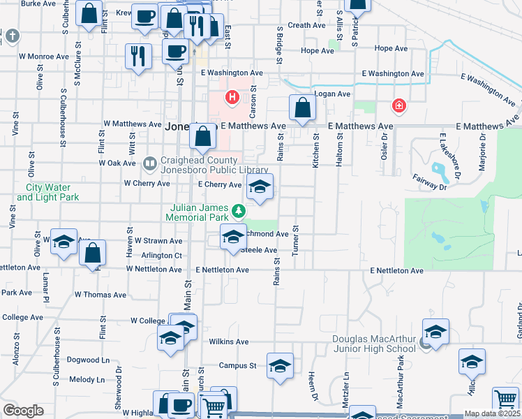 map of restaurants, bars, coffee shops, grocery stores, and more near 1218 Cobb Street in Jonesboro