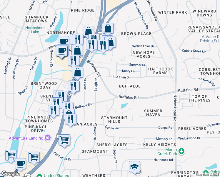 map of restaurants, bars, coffee shops, grocery stores, and more near 3817 Bison Hill Lane in Raleigh