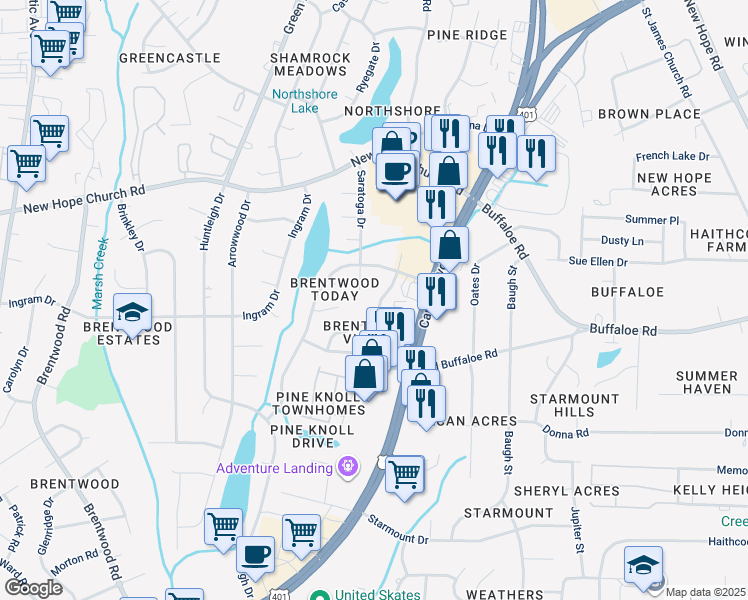 map of restaurants, bars, coffee shops, grocery stores, and more near 3713 Pine Knoll Drive in Raleigh