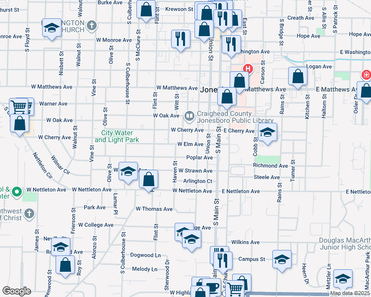 map of restaurants, bars, coffee shops, grocery stores, and more near 1120 Haven Street in Jonesboro