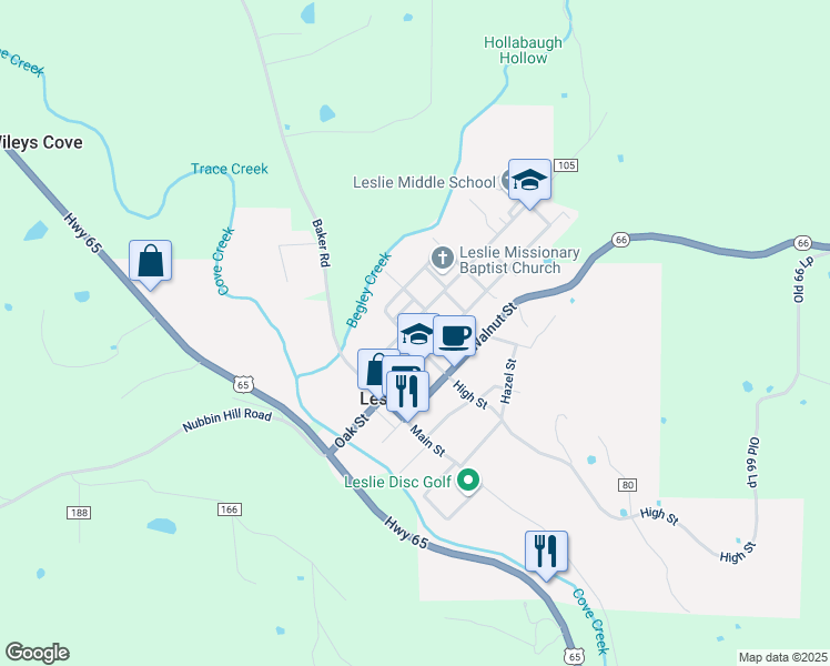 map of restaurants, bars, coffee shops, grocery stores, and more near 402 Elm Street in Leslie