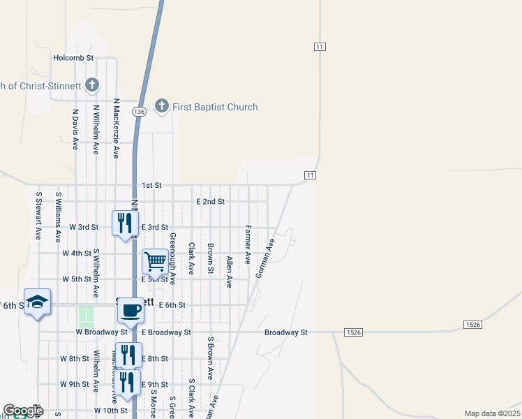 map of restaurants, bars, coffee shops, grocery stores, and more near 2nd Street in Stinnett