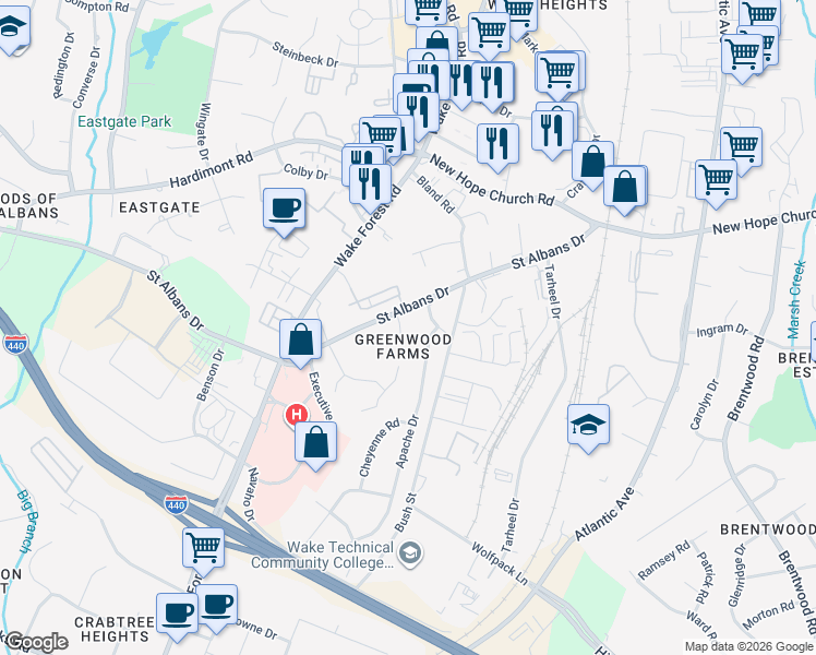 map of restaurants, bars, coffee shops, grocery stores, and more near 3404 Sioux Drive in Raleigh