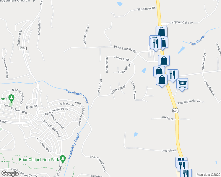 map of restaurants, bars, coffee shops, grocery stores, and more near 100 Fallen Log in Chapel Hill