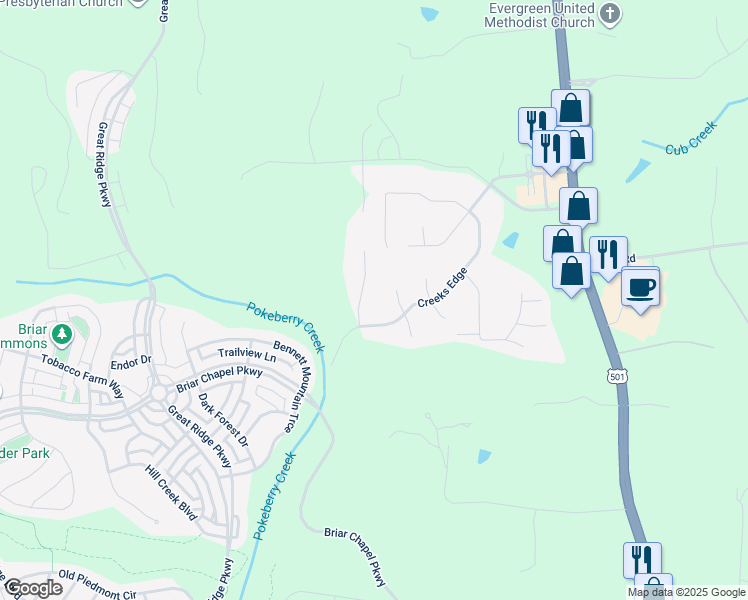 map of restaurants, bars, coffee shops, grocery stores, and more near 104 Polks Trail in Chapel Hill