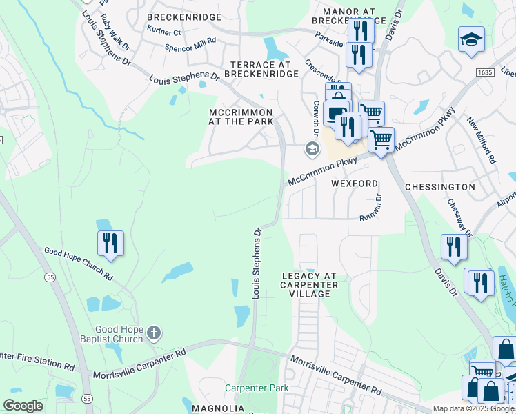 map of restaurants, bars, coffee shops, grocery stores, and more near 1025 Bender Ridge Drive in Morrisville