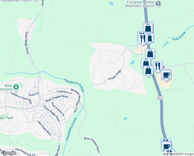 map of restaurants, bars, coffee shops, grocery stores, and more near 104 Polks Trail in Chapel Hill