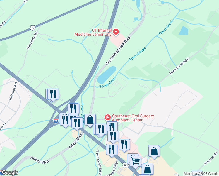 map of restaurants, bars, coffee shops, grocery stores, and more near Creekwood Cove Lane in Lenoir City