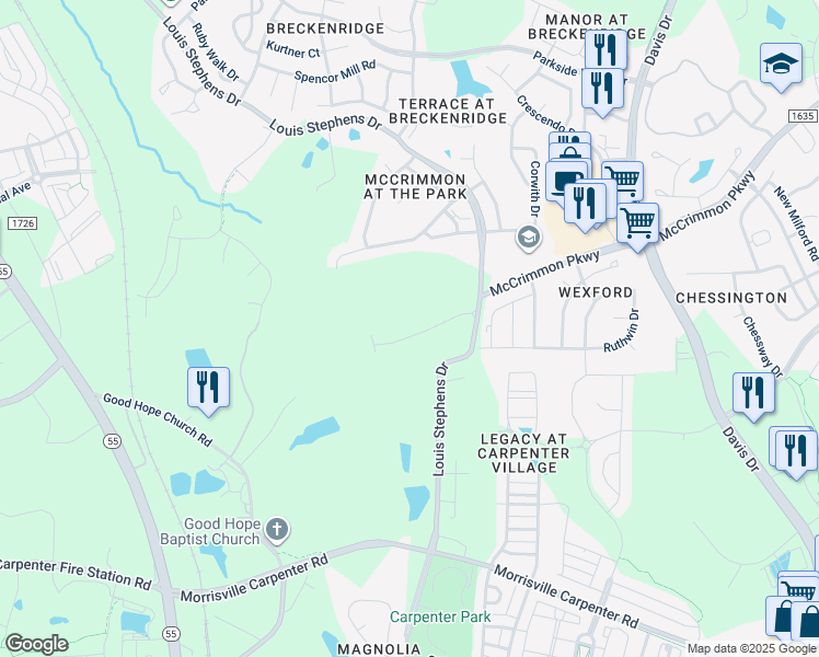 map of restaurants, bars, coffee shops, grocery stores, and more near 1048 Bender Ridge Drive in Morrisville