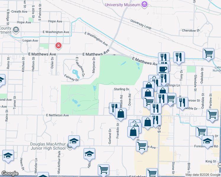 map of restaurants, bars, coffee shops, grocery stores, and more near 1100 Robin Road in Jonesboro