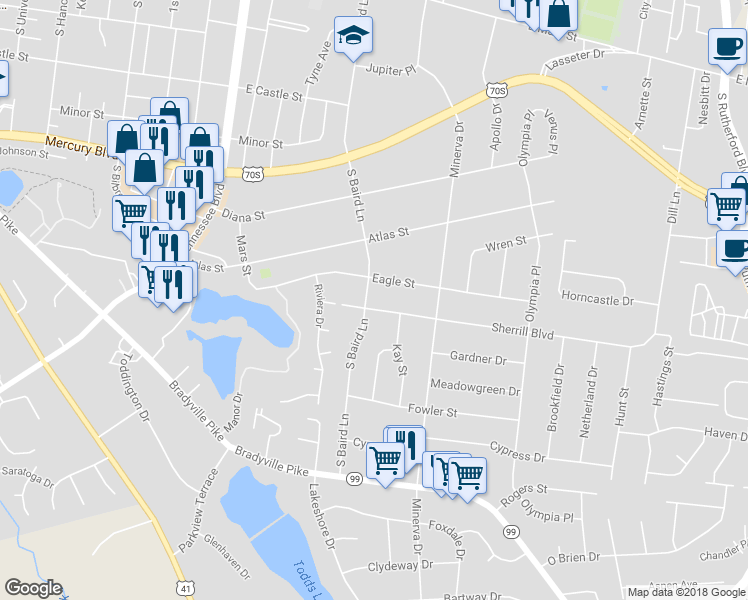 map of restaurants, bars, coffee shops, grocery stores, and more near 1503 Sherrill Boulevard in Murfreesboro