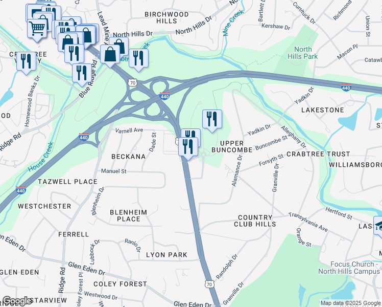 map of restaurants, bars, coffee shops, grocery stores, and more near 2017 National Drive in Raleigh