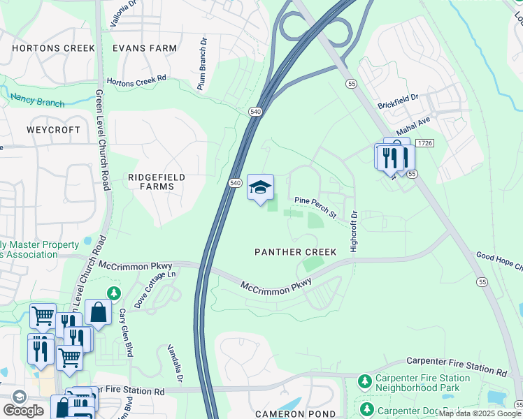 map of restaurants, bars, coffee shops, grocery stores, and more near 6770 McCrimmon Parkway in Cary