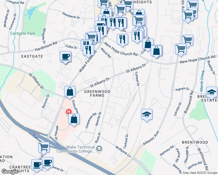 map of restaurants, bars, coffee shops, grocery stores, and more near 3501 Sioux Drive in Raleigh