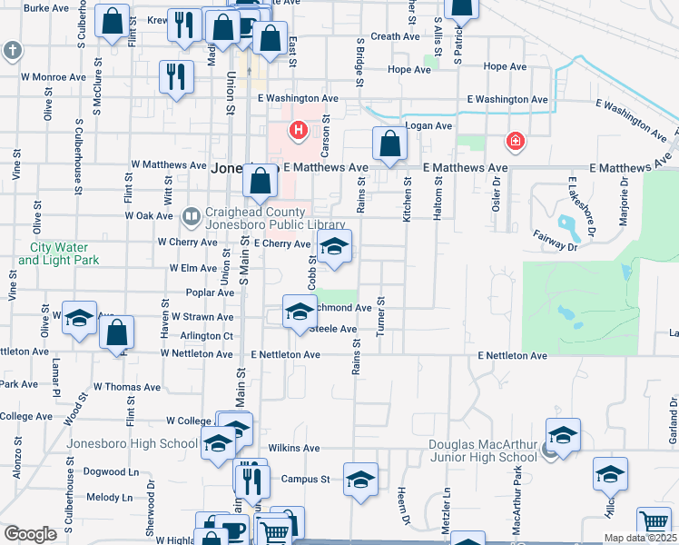 map of restaurants, bars, coffee shops, grocery stores, and more near 1218 Cobb Street in Jonesboro