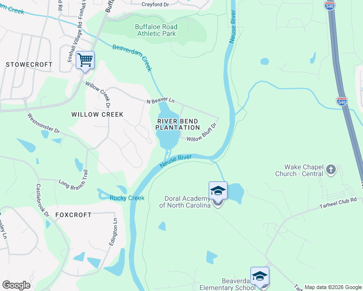 map of restaurants, bars, coffee shops, grocery stores, and more near 3504 Willow Bluff Drive in Raleigh
