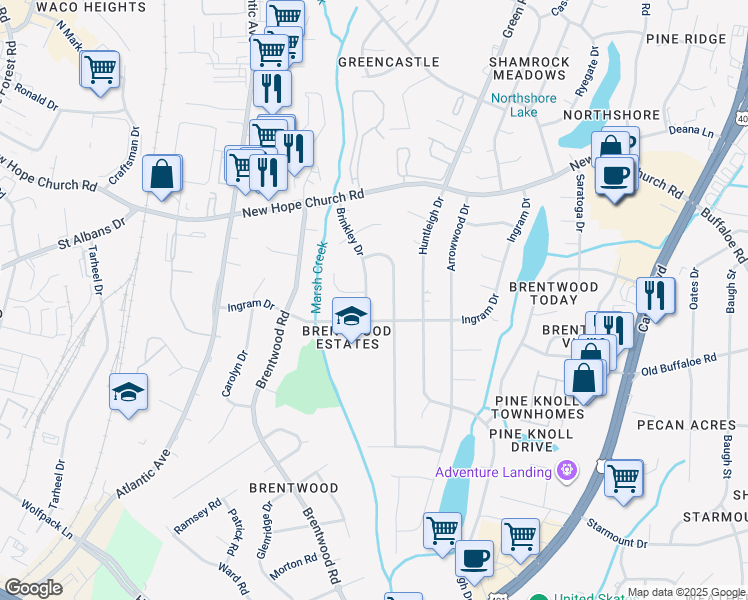 map of restaurants, bars, coffee shops, grocery stores, and more near 3608 Brinkley Drive in Raleigh