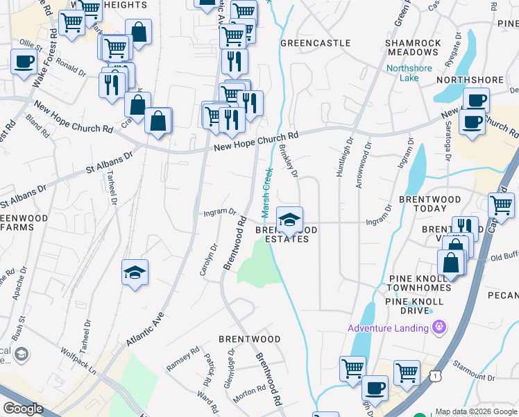 map of restaurants, bars, coffee shops, grocery stores, and more near 3316 Heritage Place in Raleigh