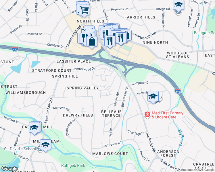 map of restaurants, bars, coffee shops, grocery stores, and more near 3623 Rolston Drive in Raleigh