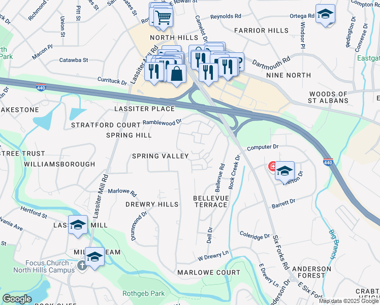 map of restaurants, bars, coffee shops, grocery stores, and more near 3609 Rolston Drive in Raleigh