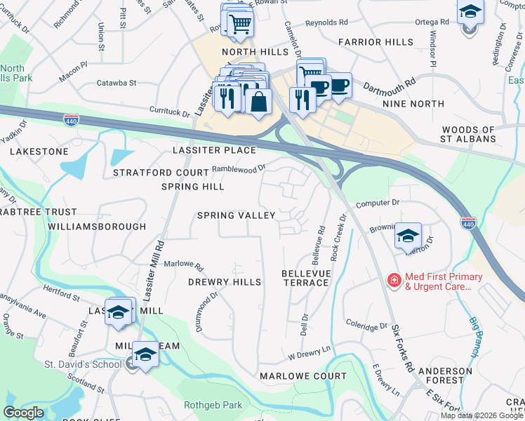 map of restaurants, bars, coffee shops, grocery stores, and more near 349 Allister Drive in Raleigh