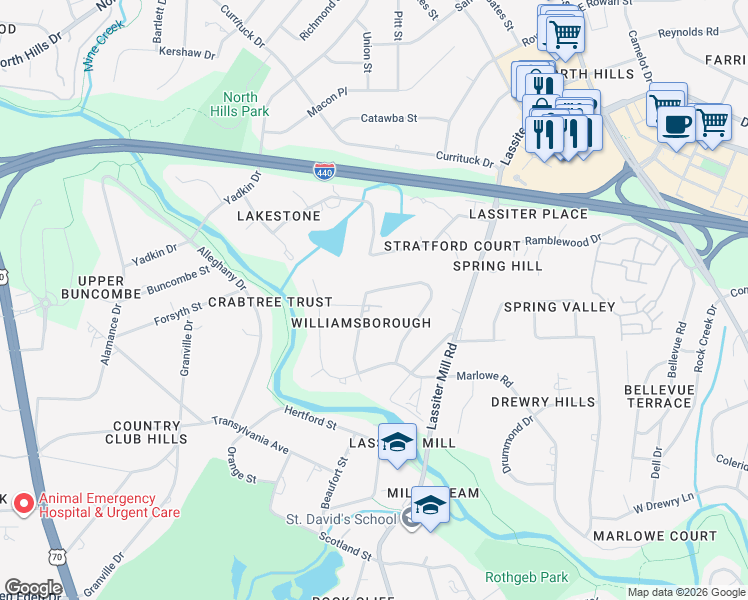 map of restaurants, bars, coffee shops, grocery stores, and more near 3609 Williamsborough Court in Raleigh