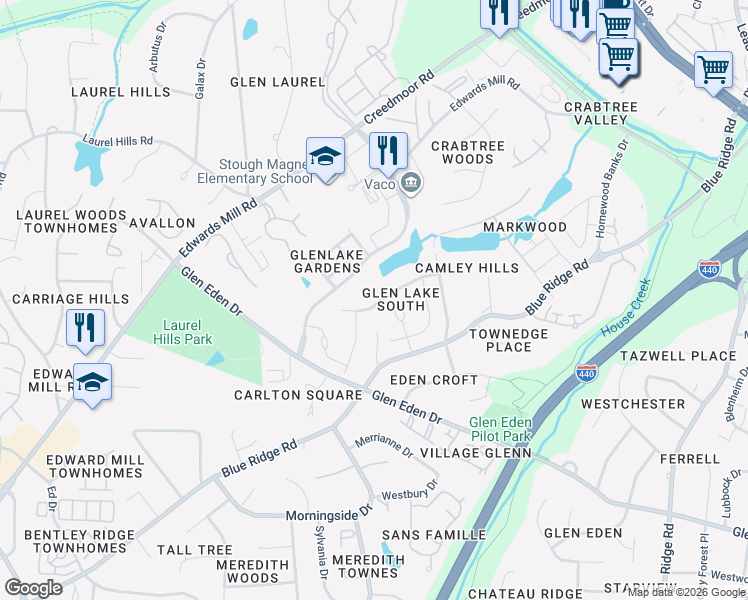 map of restaurants, bars, coffee shops, grocery stores, and more near 4121 Gardenlake Drive in Raleigh