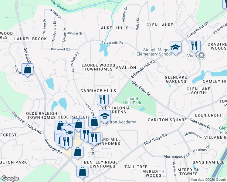 map of restaurants, bars, coffee shops, grocery stores, and more near 3514 Carriage Drive in Raleigh