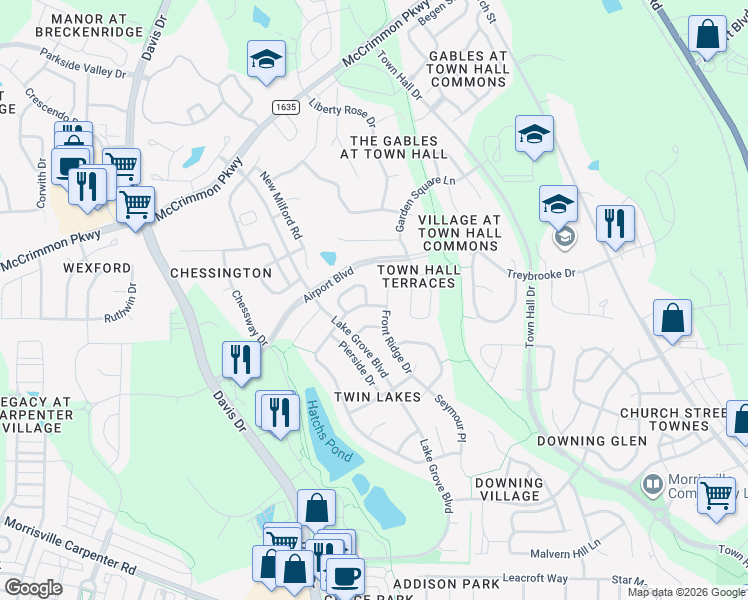 map of restaurants, bars, coffee shops, grocery stores, and more near 408 Otter Cliff Way in Cary