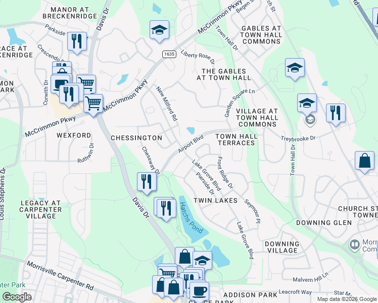 map of restaurants, bars, coffee shops, grocery stores, and more near 432 Otter Cliff Way in Cary