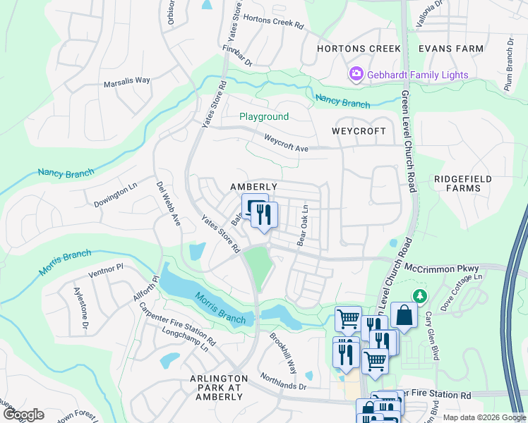 map of restaurants, bars, coffee shops, grocery stores, and more near 609 Balsam Fir Drive in Cary