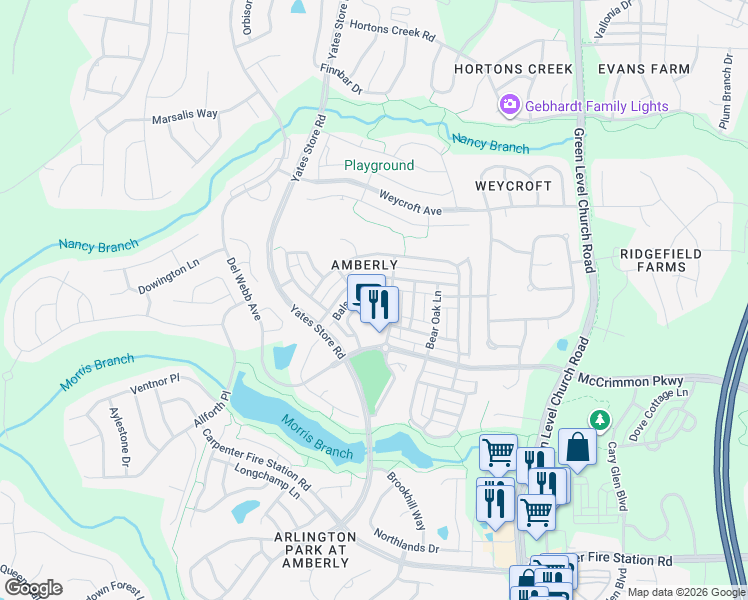 map of restaurants, bars, coffee shops, grocery stores, and more near 609 Balsam Fir Drive in Cary