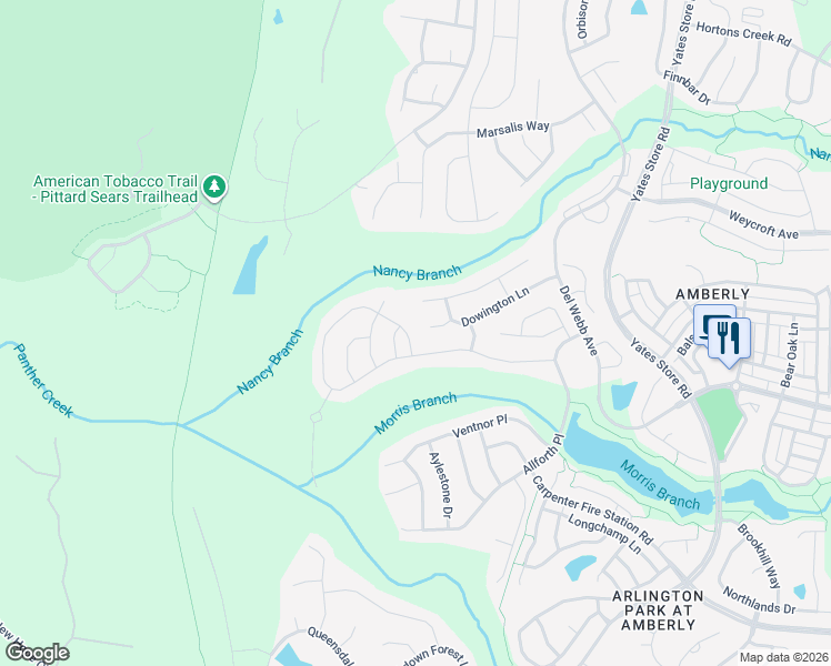 map of restaurants, bars, coffee shops, grocery stores, and more near 313 Beckingham Loop in Cary