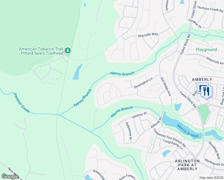 map of restaurants, bars, coffee shops, grocery stores, and more near 513 Corrigan Way in Cary