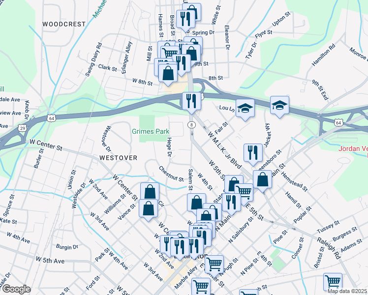 map of restaurants, bars, coffee shops, grocery stores, and more near 5 Grimes Circle in Lexington