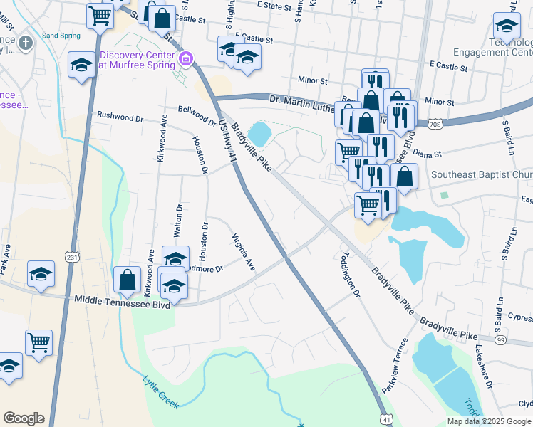 map of restaurants, bars, coffee shops, grocery stores, and more near 1036 Silver Point Drive in Murfreesboro