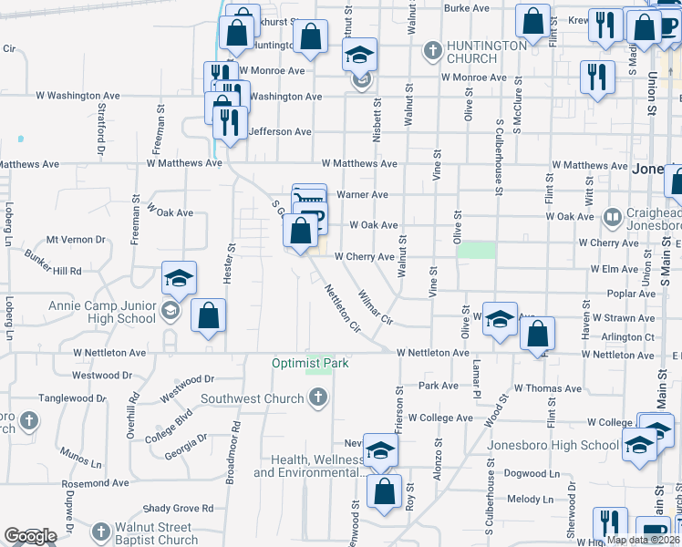 map of restaurants, bars, coffee shops, grocery stores, and more near 1100 Wilmar Circle in Jonesboro