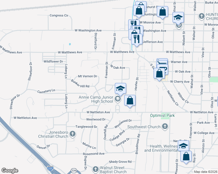 map of restaurants, bars, coffee shops, grocery stores, and more near 1029 Freeman Street in Jonesboro